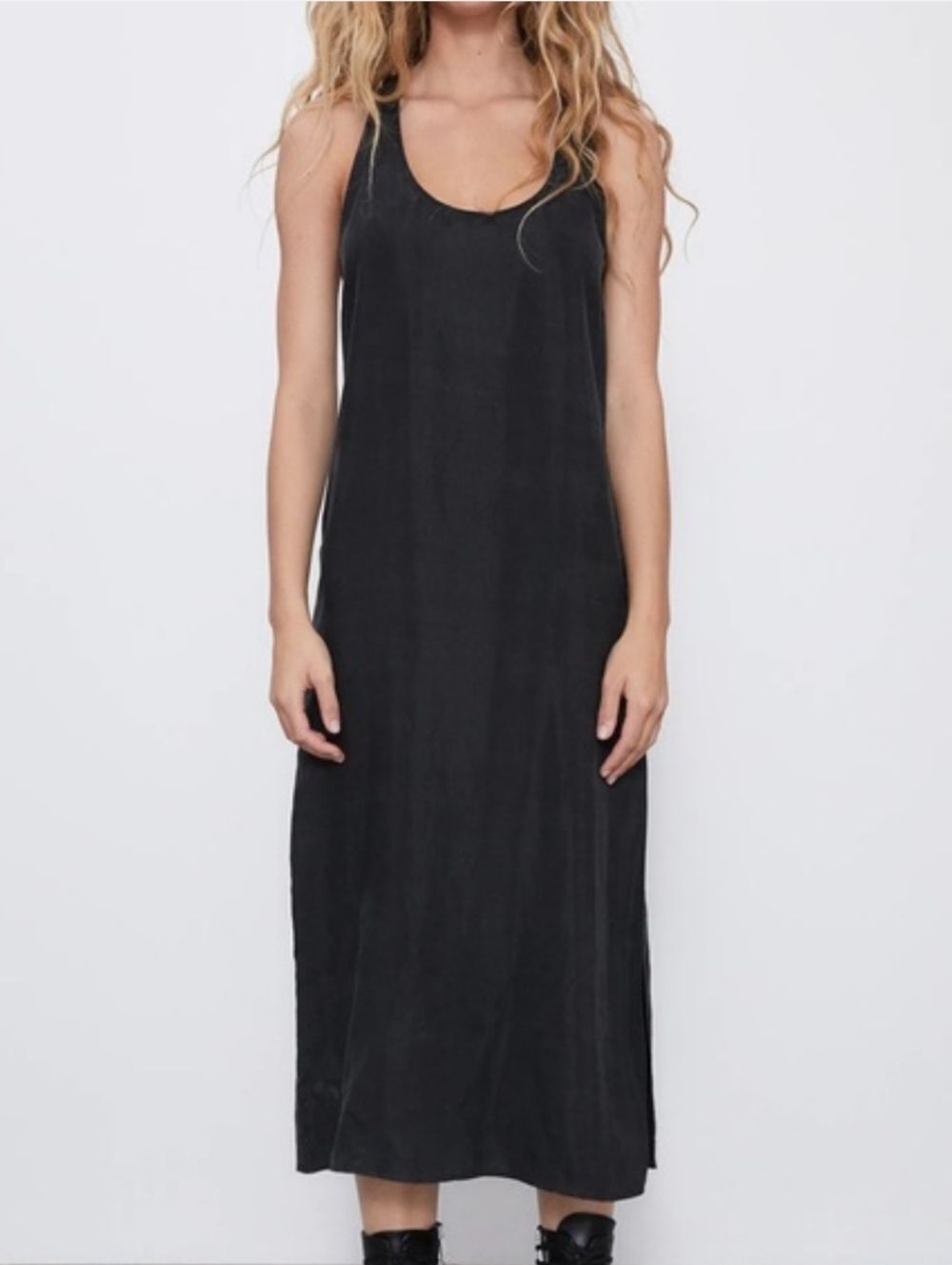 Zara Womens Black Fillsens Scoop Neck Sleeveless Flowy Midi Slip Dress Size XS